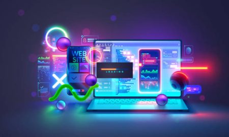 Website software development concept. Web design site and mobile app on laptop, testing on phone. Code on screen laptop, loading on smartphone from cloud storage. Computer software technology banner.